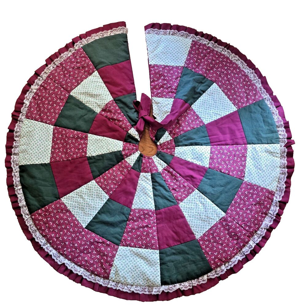 Handmade Quilted Christmas Tree Skirt Burgundy Green Patchwork Lace Ruffle 44"